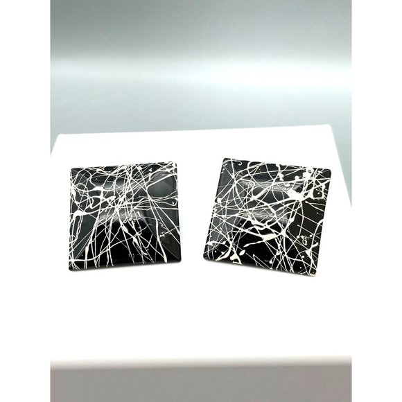 Retro Black and White Splatter Earrings, Vintage Artistic 80s Square Studs - Picture 2 of 5